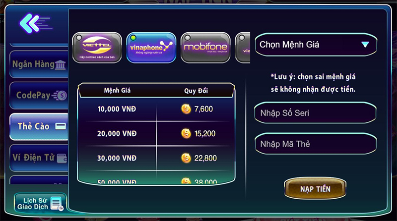 Nạp tiền vào 789Club dễ dàng bằng thẻ cào điện thoại